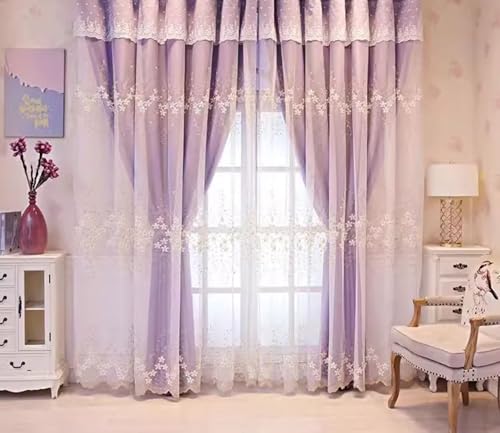 Rideau occultant chambre polyester coton violet à broderie fleurs 138H