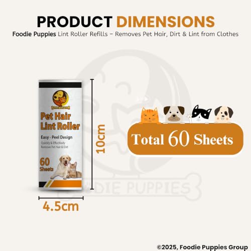 Image of Foodie Puppies Pet Hair Remover Lint Roller Refills Extra Sticky Lint Roller Refills Only, 60 Sheets per Roller, Remove Dog and Cat Hair from Clothes, Furniture