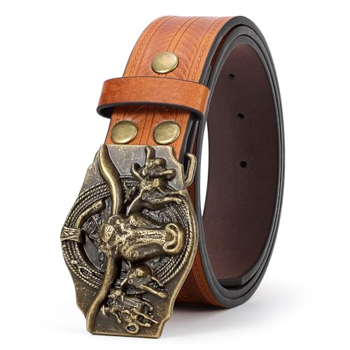 Western Cowboy Belt – Country Bull Buckle Vintage Genuine Leather Unisex Jeans 25"-38"4
