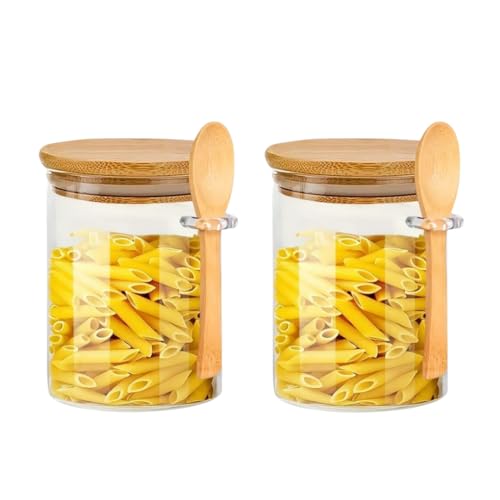 Kit Com 2 Potes De Vidro Borossilicato Redondos De 600 Ml Com Tampa E Colher De Bambu
