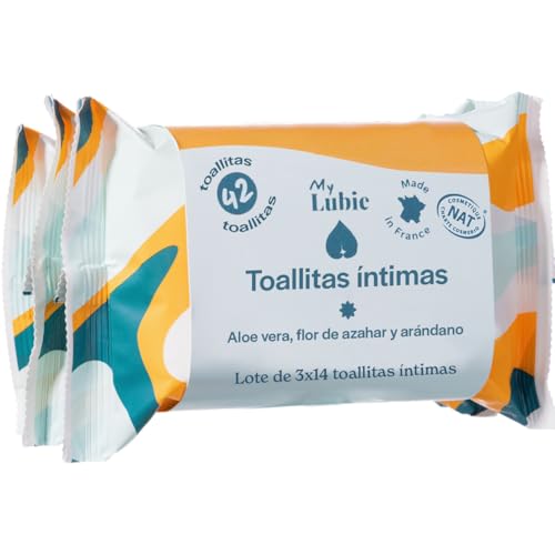 MY LUBIE - 3x14 Toallitas íntimas naturales y calmantes - Sin perfume, unisex, suaves y desechables - Pack compacto - Arándano, Azahar y Aloe Vera - Pack de 3