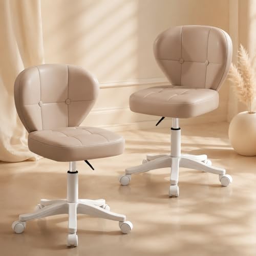 Image of Small Office Chair with Lumbar Support, PU Leather Armless Swivel Desk Chair Adjustable Height, Compact Rolling Chair for Home Office, Bedroom, Study （Khaki Set of 2）