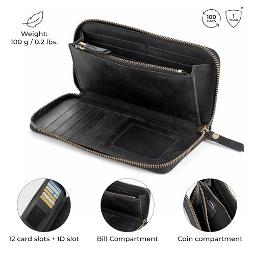 Image of BERLINER BAGS Genuine Leather Zip Wallet Women Margo, Gift Box - Dark Grey | Soft Leather Zip Around Wallet, Fit up to Phone 6.9 inch, 12 Card Slots, 1 ID Window, 1 Coin Pocket, RFID Blocking