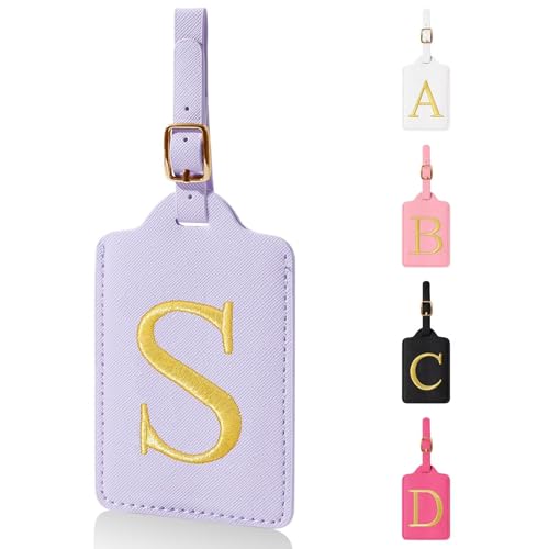 Personalized Initial Luggage Tags for Suitcases,Leather Letter Cute Luggage Tags with Privacy Name Card,Embroidered Monogrammed Travel Bag Backpack Tag Gifts for Women Kids Girls Teens(Purple-S)