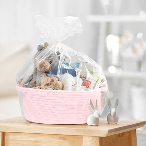 Image of Small Woven Gift Basket, Baskets for Gifts Empty, Cotton Rope Cat Dog Toy Box, Nursery Baby Organizer with Handles, Cute Wicker Storage Bin for Home Decor, Light Pink, 12 inchx 8 inchx 5 inch