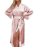 AmaMu Bademantel Damen Morgenmantel Lang Satin Sexy Kimono lang Robe Nachtwäsche für Braut&Brautjungfern mit Gürtel Mit Blumenspitze Strickjacke Reine Farbe Schlafmantel