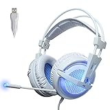 SUPSOO 7.1 Stereo Gaming Headset, Noise Cancelling Over Ear Gaming Headphones with Mic & Blue LED Light, Bass Surround, Comfortable Memory Foam Ear Pads for Laptop PC - White