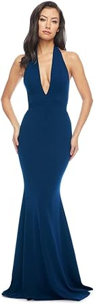 Dress The Population Womens Camden Sleeveless Halter Plunging Long Stretch Gown