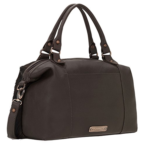 American West Satchel-Leather Zip Top Convertible Bag- Keytag Purse Charm (Cow Town Chocolate W Hair) #TOP1