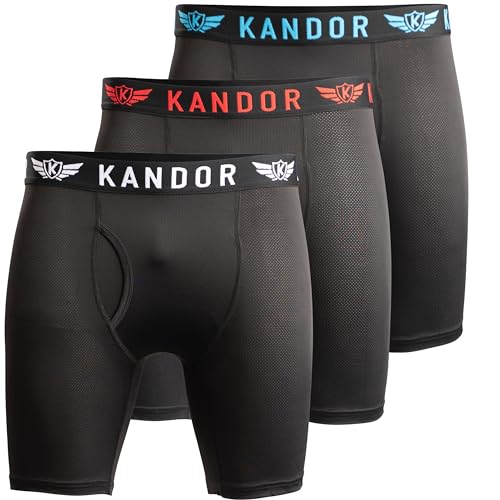 Kandor mens long leg mesh boxers – pack of 3, anti chafing underwear shorts for men, men’s boxer trunks with front opening multipack, quick dry sport underpants(L, Longym-PK- A, BlackMix)