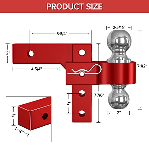Ifoka Adjustable Trailer Hitch Ball Mount, Fits 2-Inch Receiver, 6-Inch Drop Hitch, Tow Hitch Aluminum Forged Shank 2 Inch & 2-5/16 Inch Balls With Double Stainless Steel Lock Pins, Red #TOP4