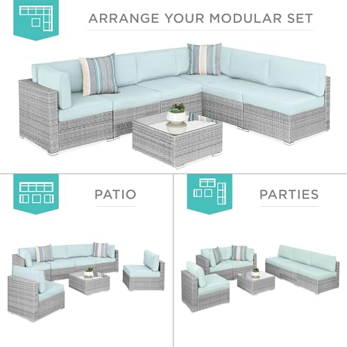 Best Choice Products 7-Piece Modular Outdoor Sectional Wicker Patio Conversation Set w/ 2 Pillows, Coffee Table, Cover Included - Gray/Pastel Blue - Image 2