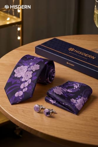 Image of HISDERN Ties for Men Paisley Tie and Pocket Square Cufflinks Set Formal Classic Floral Necktie Handkerchief Wedding Party