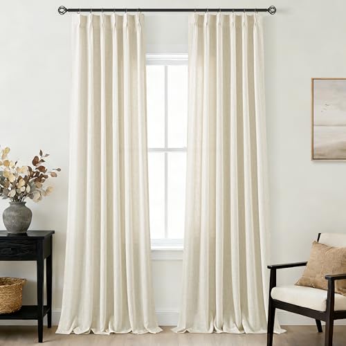 Extra Long Pleated Linen Curtains 132 inches Long for Living Room Sliding Glass Door Light Filtering Semi Sheer Triple Pinch Pleat Drapes for Track System Neutral Beige Window Curtain 132 Length 11 FT