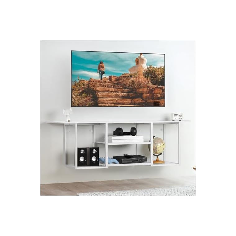 Floating TV Shelf Stand Under TV Wall-Mounted Entertainment Center Industrial TV Media Console Table with Storage for Bedroom Living Room Office, White - Image 4