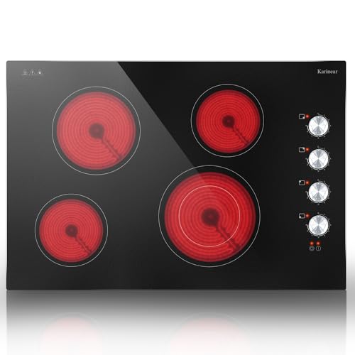 Karinear Electric Cooktop 30 Inch, 4 Burners Electric Stove Top, 30" Knob Control Built-in Electric Radiant Ceramic Cooktop, 6700W, 220~240V Hard Wire(White Knob)
