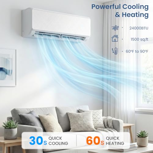 Image of Electactic 24000 BTU Mini Split Air Conditioner & Heater with Inverter, 19 SEER2 230V Ductless Split AC Unit with Heat Pump, Energy Saving, Remote Control, Cools and Heats Up to 1500 Sq.ft, White