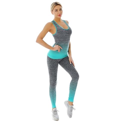 ZiaWorld 2 Piece Women Workout Outfit, Gym Set Seamless Ribbed Casual Comfortable Vest Top High Waist Leggings Set, Sports Activewear Tracksuit Yoga Fitness Ladies Gym Wear, TURQUOISE, L/XL