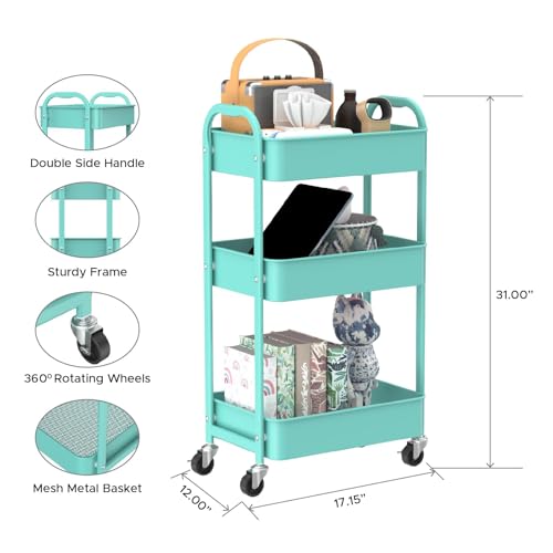 Image of MAX Houser 3-Tier Rolling Utility Cart with Caster Wheels,Easy Assembly, for Kitchen, Bathroom (Turquoise) | Easy Assembly, multi-purpose storage trolley for kitchen, rolling cart with smooth caster wheels for bathroom