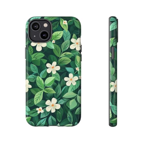 Coque iPhone 14 Plus motif feuilles vertes et fleurs blanches rigide brillante