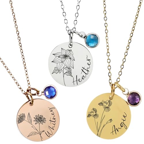 Custom Birth Flower Necklace with Name and Birthstone – Personalized Birth Month Flower Jewelry – Gift for Mom, Grandma, Sister, Aunt, or Best Friend – Bridesmaid, Wedding, Anniversary, or Birthday Gift – Remember Me Jewelry