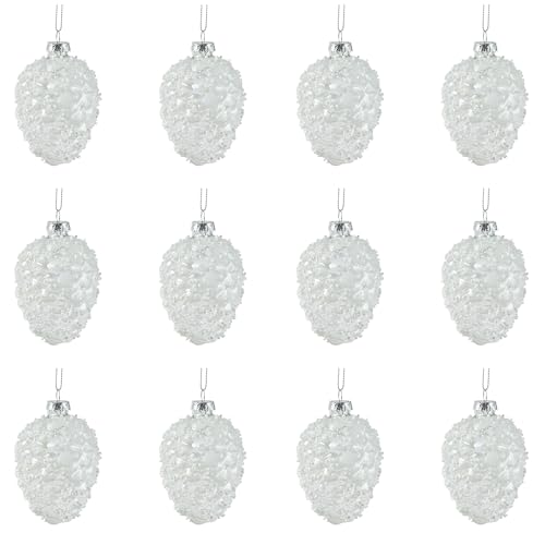 Kaemingk Lot de 12 pommes de pin en verre avec perles - 10 cm - Décoration de sapin de Noël - Blanc