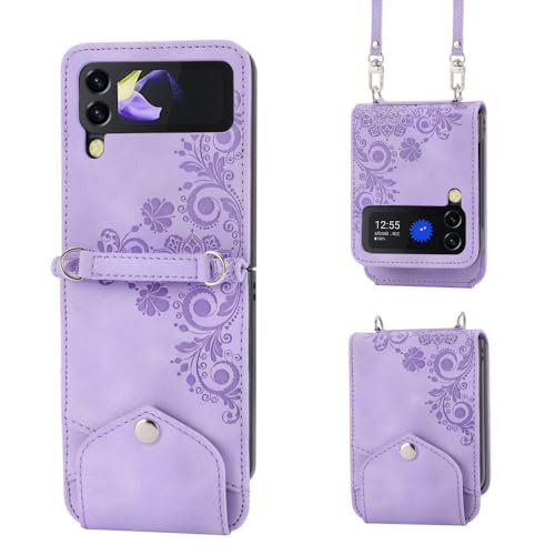 Coque protection charnière Z Flip 5 4 3 antichoc cordon cuir portefeuille violet