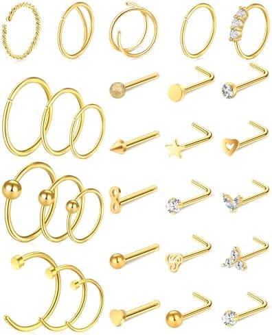 ONESING 23-40 Pcs Gold Nose Rings for Women 20G Nose Piercing Jewelry L Shape Nose Studs Nose Rings Hoop Nose Jewelry Gold Stainless Steel Studs Screw Body Piercing Jewelry for Women Men