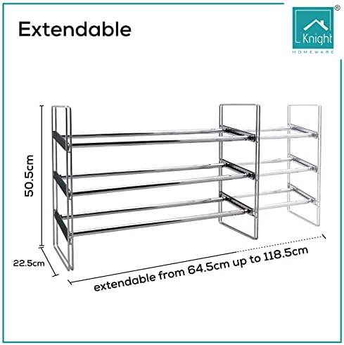 Knight 3 Tier Heavy Duty Shoe Rack, Extendable 64.5cm to 118.5cm, Chrome Finish, Holds up to 18 Pairs of Shoes