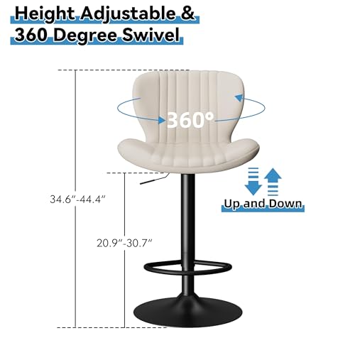 Image of Shintenchi Bar Stools Set of 2 Modern Swivel Bar Chairs, Counter Height Faux Leather Metal Barstools, Upholstered Island Chairs with Back and Footrest, Beige