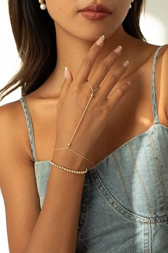 14K Gold Plated Hand Chain Bracelets for Women Trendy, Dainty 2PCS Ring Bracelet Hand Chain Finger Bracelets Layered Stackable Link Bracelets for Women Jewelry Gifts for Women2