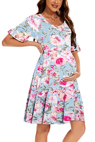 Smallshow Women's Maternity Dress Ruffle Short Sleeve Pregnancy Clothes Summer