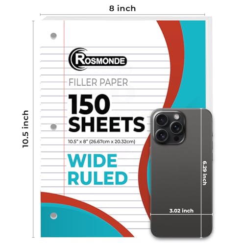 image for Rosmonde Loose Leaf Paper, 450 Sheets, 3 Pack, 56 gsm Wide Ruled Sheet