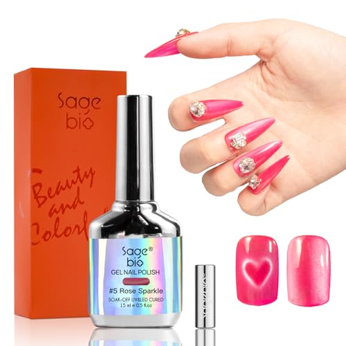 SAGEBIO Cat Eye Gel Nail Polish with Magnet Stick, 15ml Magnetic Gel for DIY Manicure, Long-Lasting Shine, Vibrant Color Effects, Rose Sparkle
