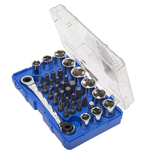 Kobalt 338358 35-Piece 1/4-Inch Drive Mechanic's Tool Set, Inch/Metric, includes Reversible Ratcheting Wrench, Sockets; Screwdriver, Hex, Torx, and Square Bits