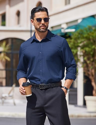 COOFANDY Mens Dress Shirts Long Sleeve Wrinkle Free Shirt Textured Business Casual Button Down Shirt Deep Blue - Image 3