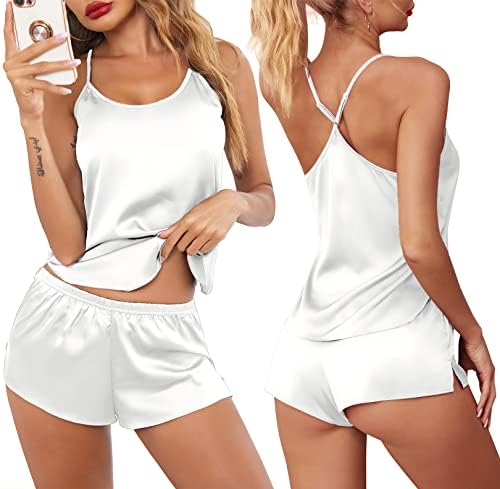 Ekouaer Sleepwear Womens Lingerie Satin Pajamas Cami Shorts Set Nightwear Gift White