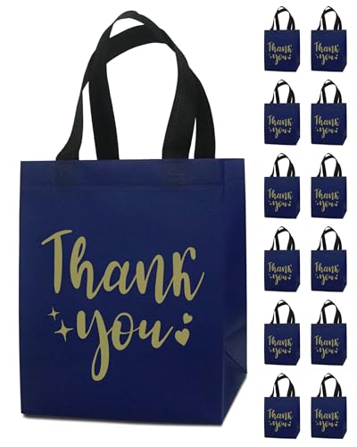 REUGBEXPT 12 Navy Blue Thank You Gift Bags - Sturdy Reusable Medium 8x5x10 with Handles Non-Woven for Weddings Teachers Fathers Day Parties Birthdays & Graduations