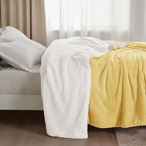 Image of Bedsure GentleSoft Sherpa Fleece Blanket Queen Size for Bed, Non-Heated, Thick and Warm Throw for Women and Men, Soft Fuzzy Plush Queen Blanket for Winter, Yellow, 90x90 Inches