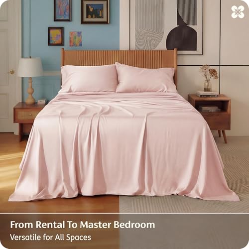Image of Bedsure California King Sheet Sets, Cooling Sheets for Hot Sleepers, Rayon Derived from Bamboo, PureWoven, Breathable & Soft, Deep Pocket Up to 16 Inches, Hotel Luxury Silky Bedding, Pink