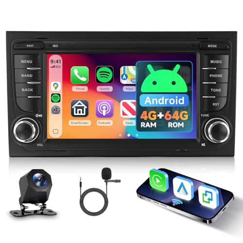 Hodozzy 4G+64G Android Radio para Audi A4 S4 RS4 B6 B7 B5 8E/8H 2002 2008 Seat Exeo con Carplay Android Auto Inalámbrico, Radio Pantalla Táctil 7 Pulgadas con GPS, Bluetooth, WiFi DSP, FM/RDS Cámara