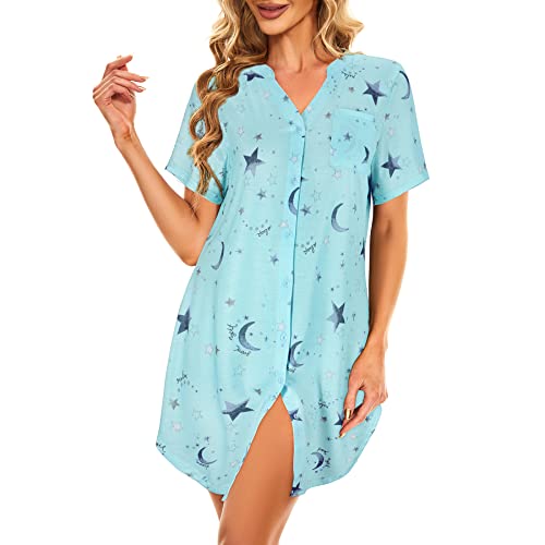 Zando V Neck Sexy Nightgowns For Women Short Sleeve Button Down Sleep Shirts For Women Night Gowns For Adult Women Womens Nightgown Women's Nightgowns & Sleepshirts Green Star Xx-Large #TOP18