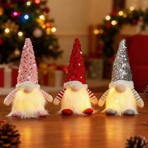 Corpower 3 peças gnomo natalício iluminado Pai Natal, boneco sem rosto gnomo, figura inverno como artigo decorativo, bonecas de Natal, para decorações de mesa natalícia