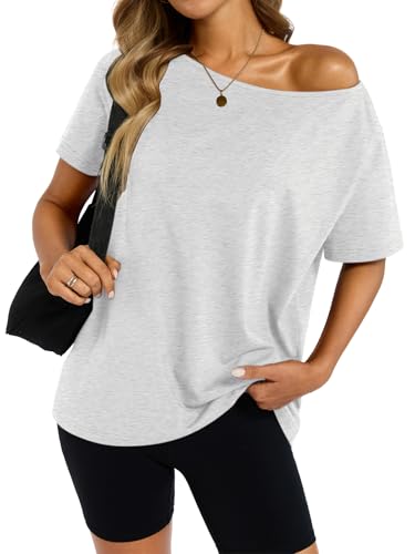 EasyGala Womens Cotton Off The Shoulder Tops Oversized Short Sleeve T-Shirts Casual Summer Tees Trendy Clothes 2025 Light Grey