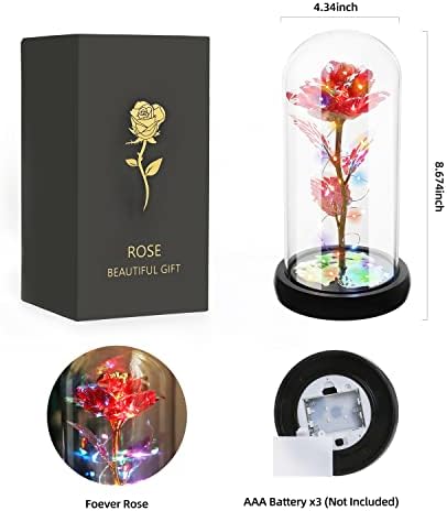 JUSTOYOU Rose Gifts for Women,Mothers,Wife Gifts,Colorful Artificial Rose Flower Gifts for Women,Forever in Glass Dome,Rainbow Rose Flower for Birthday,Christmas Mothers Day Decorations(Red)