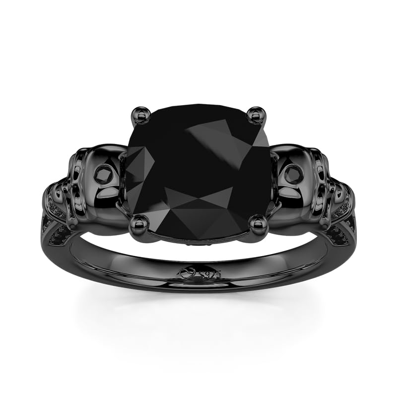 Jeulia Anillos de compromiso con diseño de calavera, amor eterno, gótico, negro, plata de ley con diamante de corte cojín, anillos de boda para Halloween, clásicos, retro, regalos para mujeres