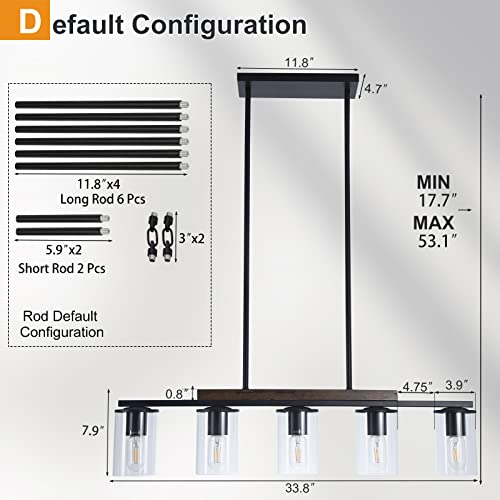 Dining Room Light Fixtures Over Table, Farmhouse 5-Light Kitchen Island Lighting, Black Dining Table Light Fixture With Glass Shade, Metal And Wood #TOP4