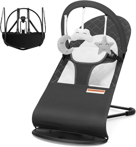 Baby Rocker Bouncer with Removable -Toy Bar 3-Stage Baby Rocking Chair Swing Chair Recliner Seat Max Weight 9kg Ultra Light Weight 3-point safety belt One Fold Button Anti Skid (Dark Gray)