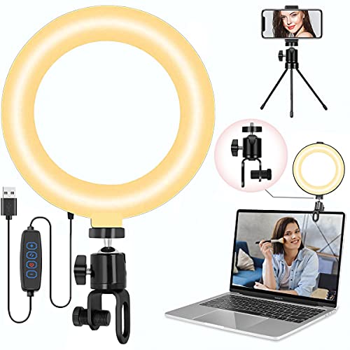 LEDリングライト ねじクリップ式 6インチ 自撮りライト 3色モード 10段階調光 360度回転可能 スマホスタンド付き 女優ライト 撮影照明用ライト オンライン会議ライト 照明 卓上高輝度 USB給電補助光 Web会議/Zoom/テレワーク/生放送/自撮り/美容化粧