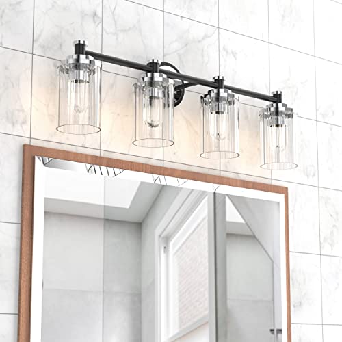 Image of Bathroom Lighting Fixtures Black and Chrome Bathroom Vanity Light with Cylindrical Clear Stripes Glass Lampshade E26 Socket Base Bathroom Lighting Fixtures Over Mirror (4 Lights)
